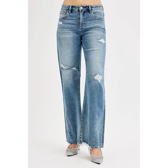 RISEN Mid Rise Fit Wide Baggy Leg Tie Washed Jeans Plus Size - Picture 3 of 6